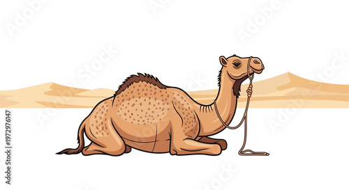 Cartoon camel sitting on sand.