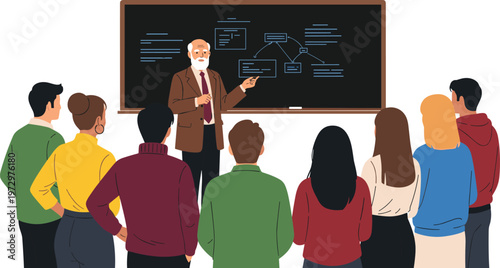 Classroom Lecture and Teaching Icon Featuring Teacher, Students, Chalkboard, and Educational Presentation for Learning, Instruction, and Knowledge Sharing Designs