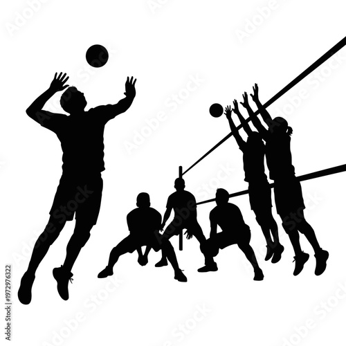 Sitting Volleyball Team Silhouette in Ground-Level Adaptive Play