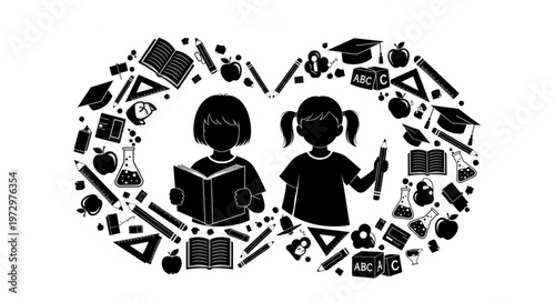 Two children surrounded by educational symbols in a creative design.