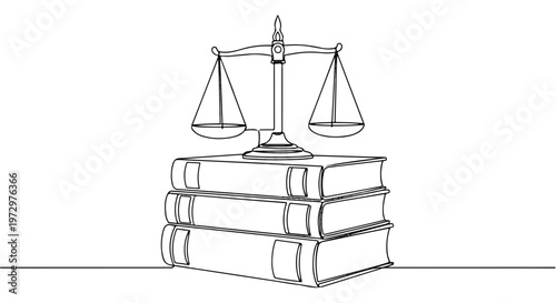 Law books, justice scale, legal documents, line art illustration