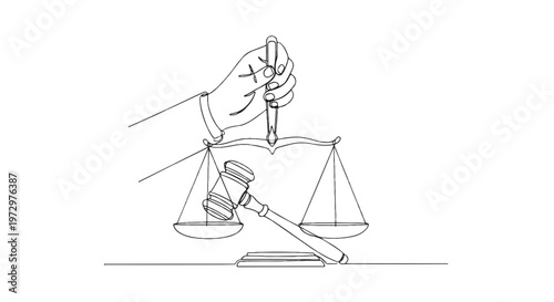 law, justice, scales, hand, gavel, legal, illustration, vector, line art, symbol, icon