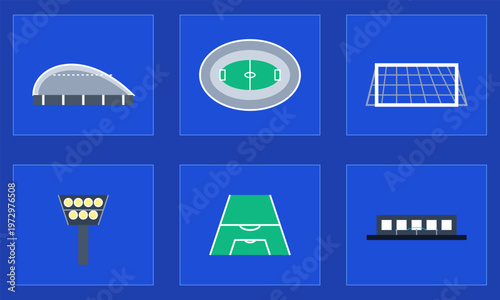 Hand-drawn icons showing stadium infrastructure including floodlights goals roofs and football field layouts set on blue authentic illustration