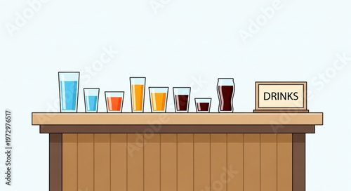 Various Drinks on a Bar Counter with a Drinks Sign.