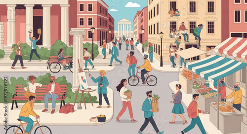 Vibrant City Street Scene with People and Activities.