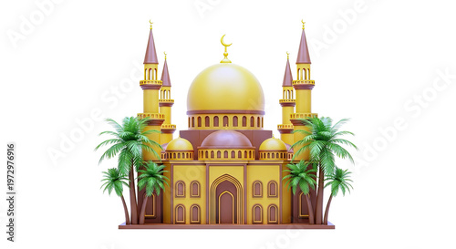 3D Rendering of a Cartoon-Style Mosque with Palm Trees