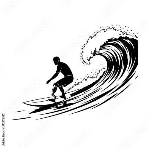 Adaptive Surfer Silhouette with Prosthetic Leg Riding Ocean Waves