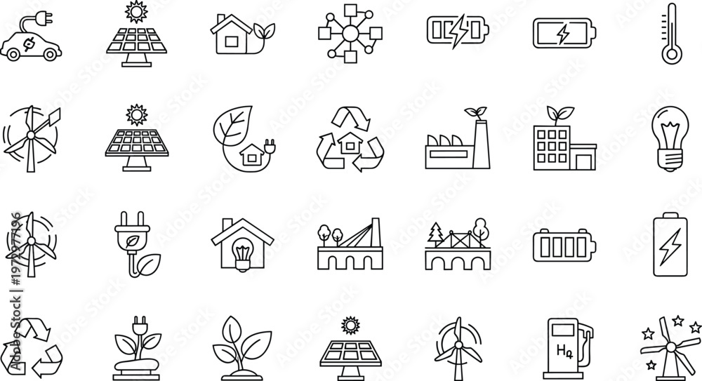 Obraz premium Renewable Energy and Sustainability Icons Set Featuring Solar, Wind, Battery, Recycling, and Green Energy Symbols for Eco-Friendly and Environmental Designs