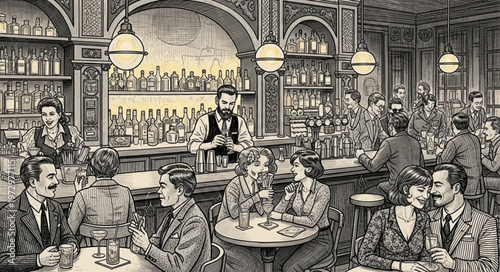 Vintage Bar Scene - Men Gather for Drinks and Conversation.