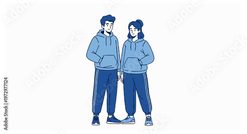 A young man and a woman are standing side by side wearing matching light blue hoodies and dark blue tracksuits against a white background.