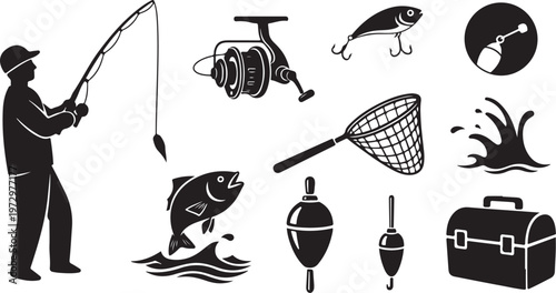 Fishing icons and silhouette of a man fishing with gear