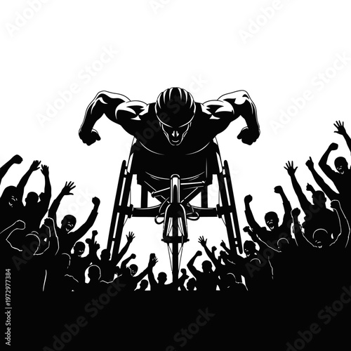 Silhouette of a Wheelchair Athlete Cheered by Crowd, Victory and Sporting Success