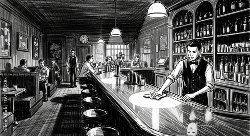 Vintage Bar Scene with Bartender and Patrons in a Classic Setting.