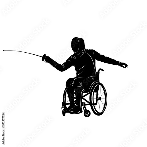 Silhouette of a Wheelchair Fencer with Foil in Fixed Chair, Elegant Defensive Posture