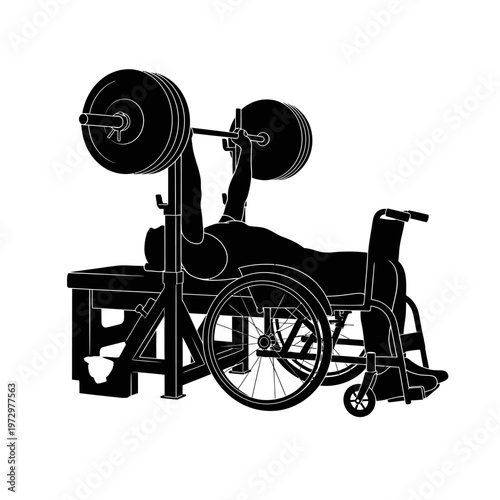 Silhouette of a Wheelchair Powerlifter on Specialized Bench, Heavy Barbell Strength