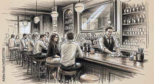 Vintage Bar Scene with Bartender and Patrons.