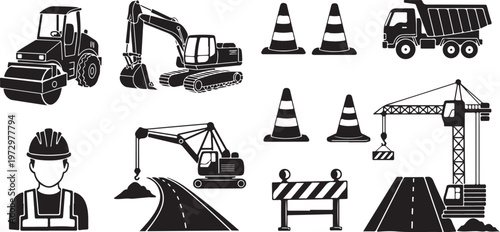 Construction site icons and vehicles for roadwork and building projects