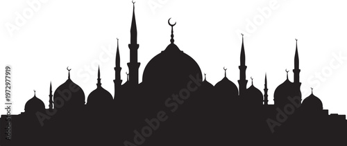 Black silhouette of mosque with domes and minarets on white background
