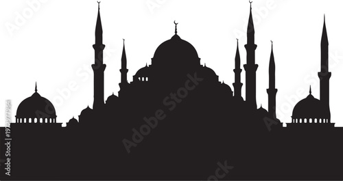 Black silhouette of mosque with domes and minarets on white background
