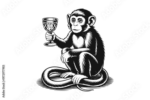 Black and white monkey holding a goblet while sitting vintage