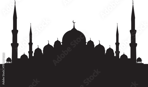 Black silhouette of mosque with domes and minarets on white background