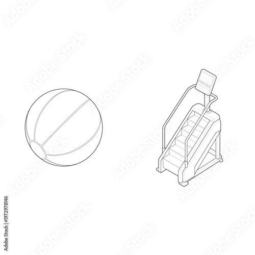Isometric stair climber and wall ball bundle linear drawing