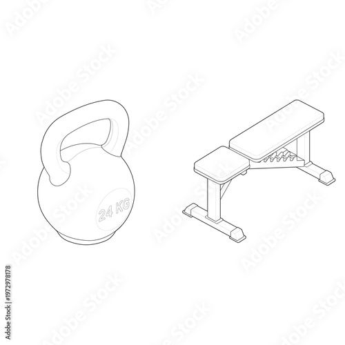 Isometric FID utility bench and 24kg kettlebell bundle linear drawing
