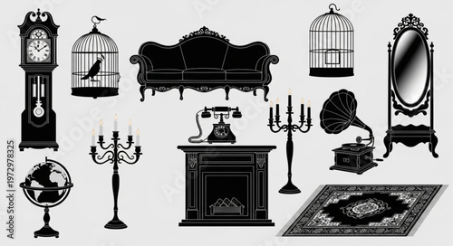 Vintage Furniture Collection - Grandfather Clock, Sofa, Birdcages, and More.