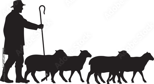 Black silhouette of shepherd with hat leading four sheep with shepherds crook