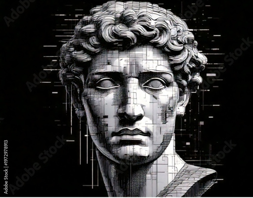 Ancient Greek sculpture head with digital glitch effect.