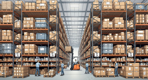 Warehouse Interior with Shelves Full of Boxes and Forklift.