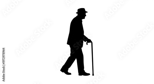 Black silhouette of an elderly man walking with a cane and wearing a hat isolated on white background
