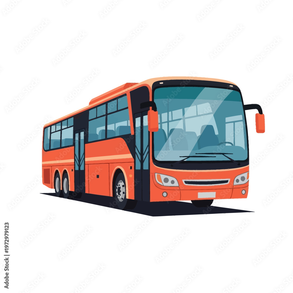 Fototapeta premium Modern orange passenger bus vector illustration isolated on white background, featuring large glass windows, side entry doors, headlights, and mirrors for urban transit transport.