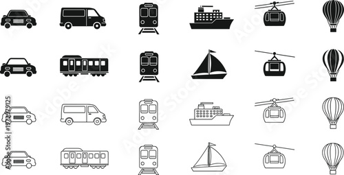 Transportation icon set featuring car van train ship sailboat cable car and hot air balloon in black silhouette and outline vector illustration styles