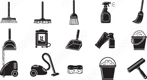 Cleaning tools and equipment icons in black and white illustration