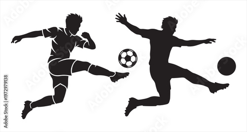Silhouettes of soccer players kicking a ball
