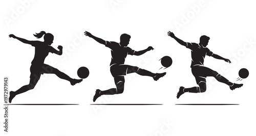 Silhouettes of soccer players kicking a ball