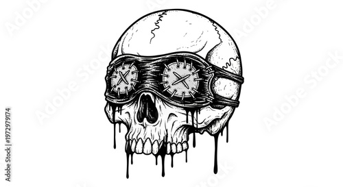 Dripping Skull with Goggles - Dark Art Illustration