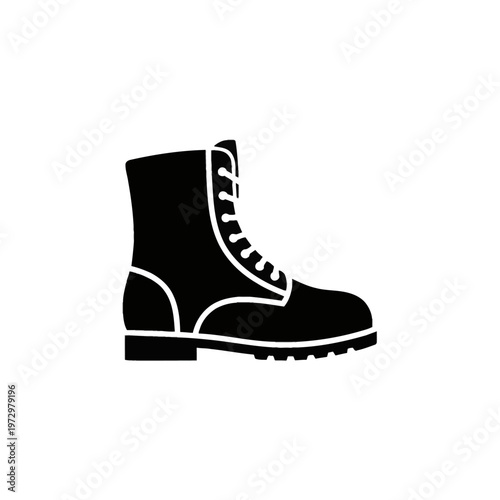 Black silhouette vector icon of a heavy-duty leather work boot or military combat boot featuring laces and a textured treaded sole, isolated on white background for industrial apparel design.
