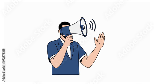 A man in a dark blue shirt speaks into a blue megaphone that partially covers his face while gesturing with an open palm on a white background.
