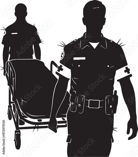 Black silhouette of two paramedics with stretcher silhouettes