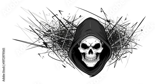 Grim Reaper Skull with Abstract Dark Splatter Background