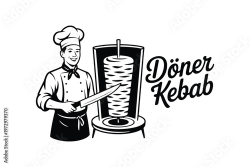 Black and white of a chef preparing doner kebab using a vertical rotisserie food preparation