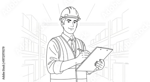 Warehouse worker with clipboard taking inventory in warehouse.