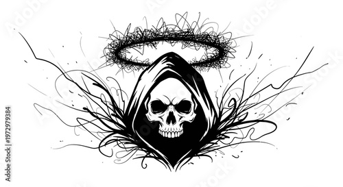 Grim Reaper Skull with Chaotic Halo and Abstract Wings