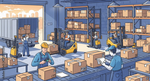 Warehouse Operations - Workers Handling Packages and Forklifts Moving Goods.