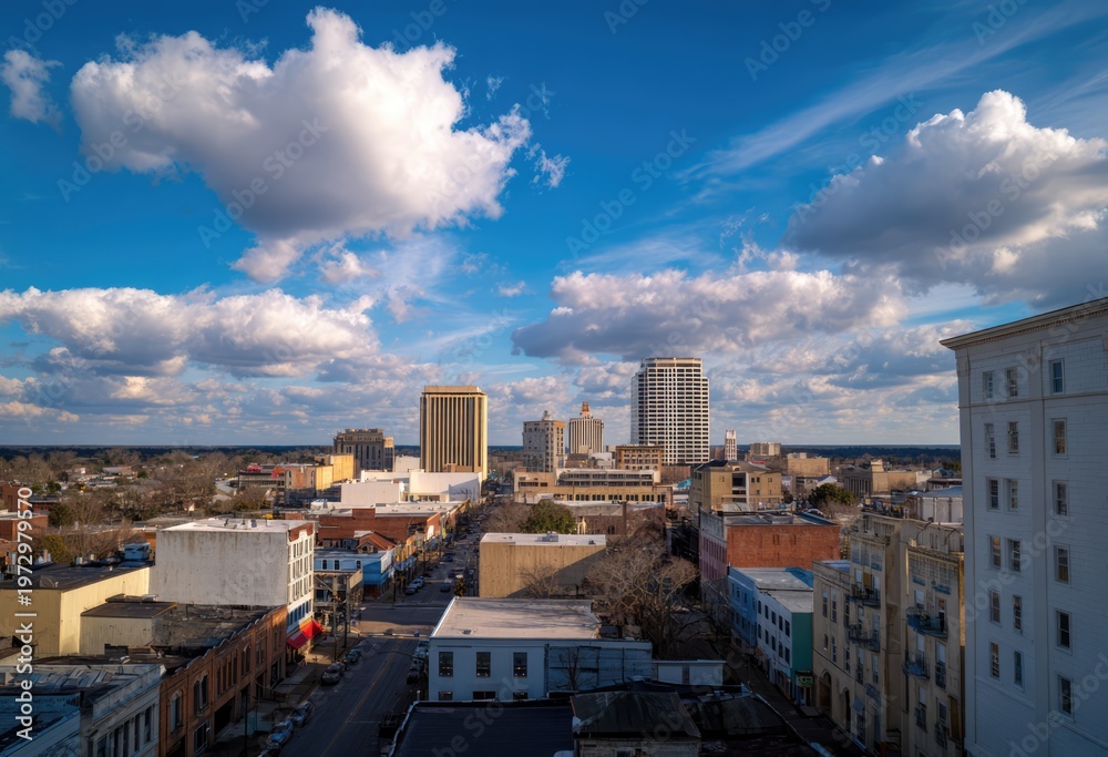 Naklejka premium Panoramic View of a City Skyline Under a Cloudy Blue Sky.