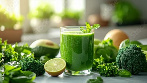 Vibrant green smoothie with fresh healthy vegetables and lime