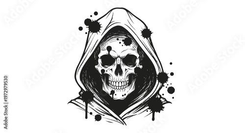 Grim Reaper Skull with Ink Splatter, Hooded Figure, Dark Art