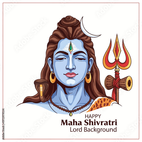 Hindu god Lord Shiva vector illustration featuring blue skin, third eye, crescent moon, trishula trident with damru, snake, and rudraksha beads isolated on white background.